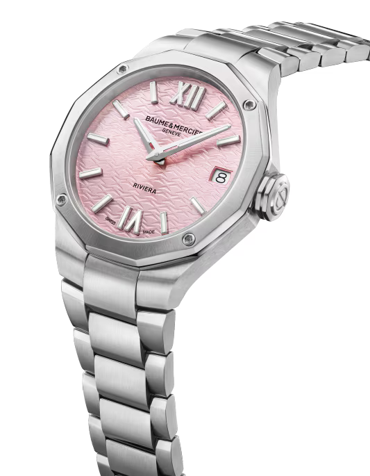 Riviera 10812 33mm Steel Case, Dodecagonal Steel Bezel & Back, Quartz, Satin Pink Dial, Steel Bracelet