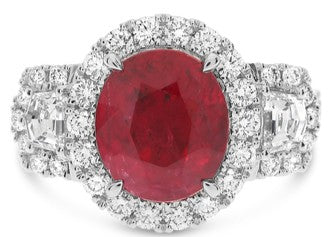 Platinum GIA 4.16 carat Oval Cut Ruby & Diamond Ring