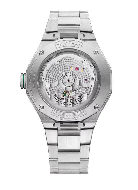 Riviera 10770 39mm Steel Case, Dodecagonal Steel Bezel, Exhibition Back, Automatic, Green Dial, Steel Bracelet