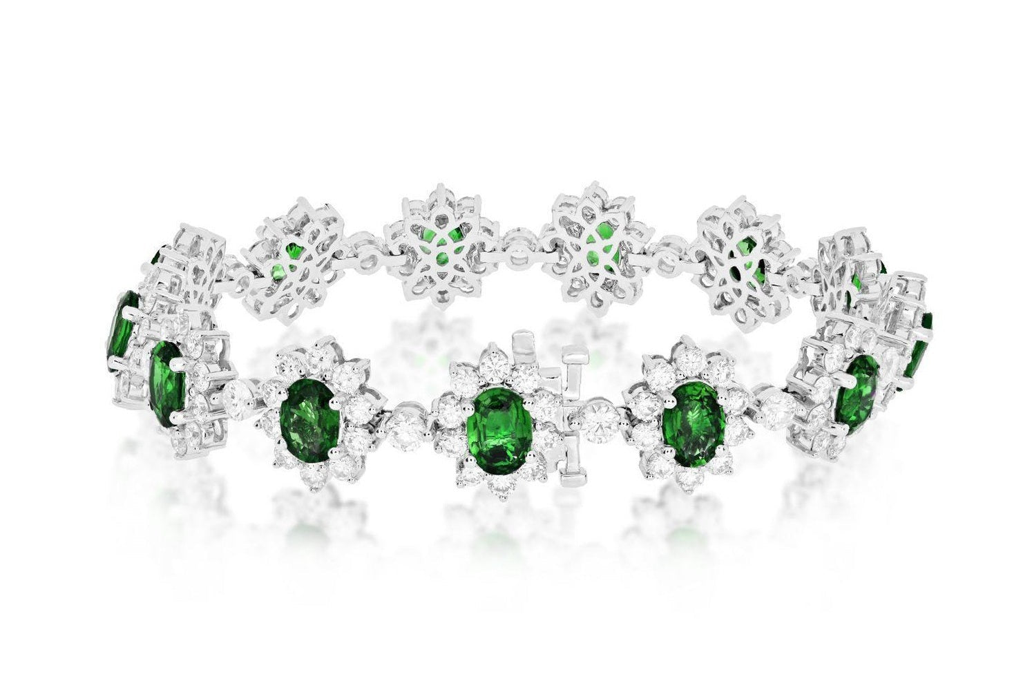 18k White Gold Natural Oval Emerald and Diamond Bracelet