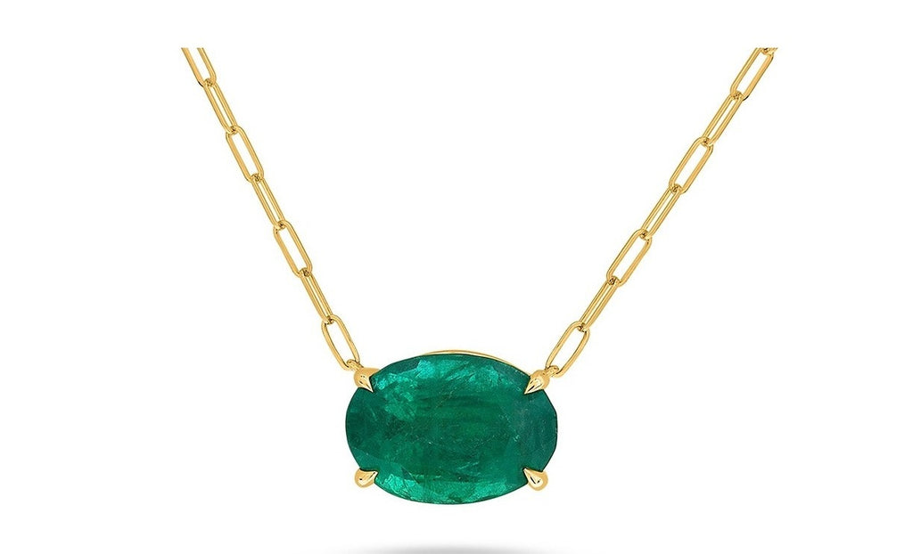 14k Yellow Gold Natural Oval Brilliant Emerald Necklace