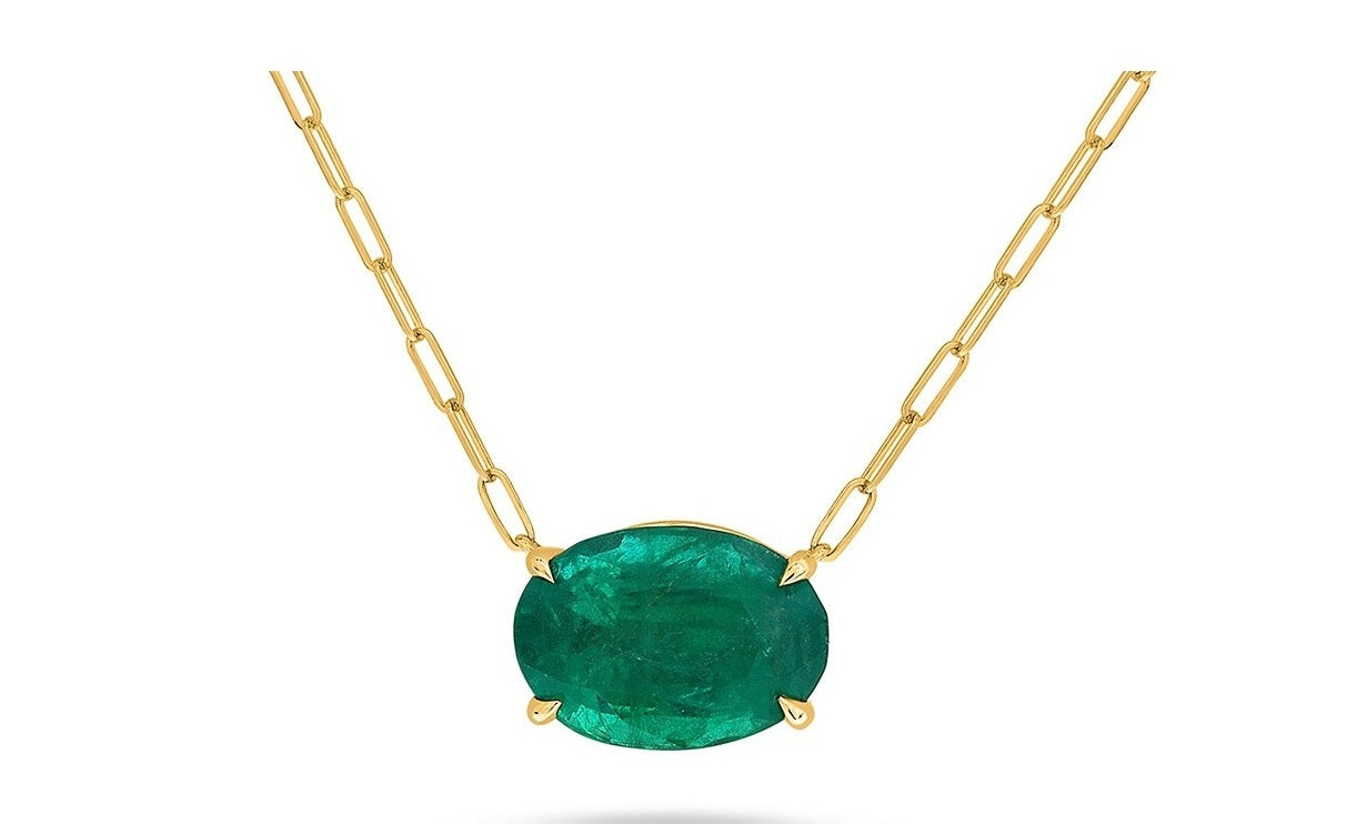 14k Yellow Gold Natural Oval Brilliant Emerald Necklace