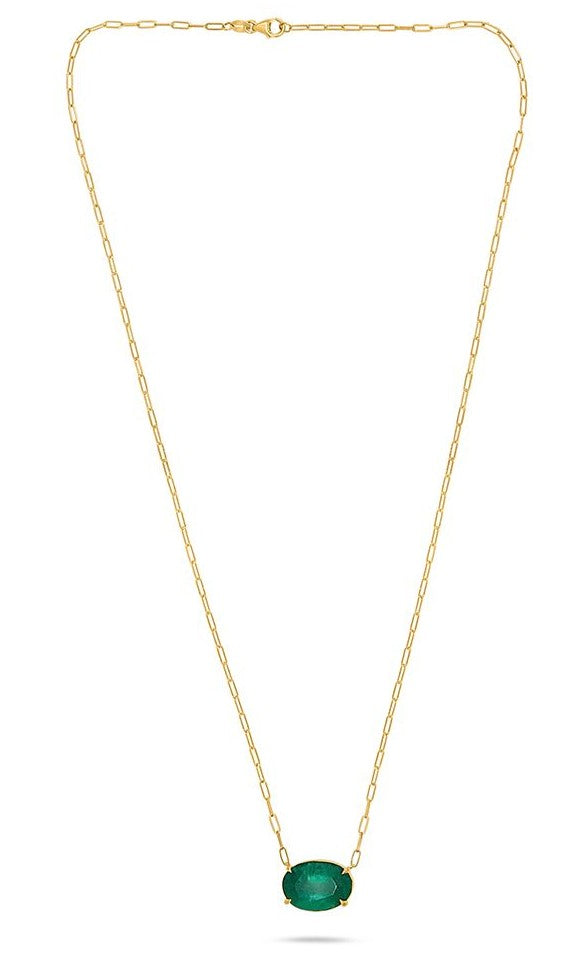 14k Yellow Gold Natural Oval Brilliant Emerald Necklace