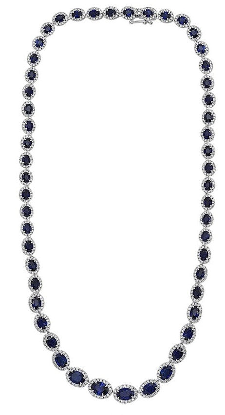 14k White Gold Natural Oval Brilliant Sapphire & Diamond Necklace