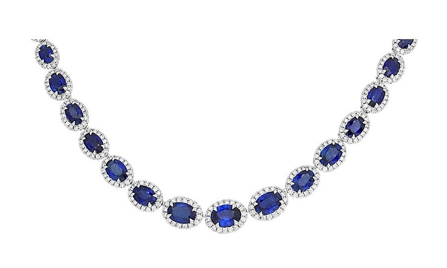 14k White Gold Natural Oval Brilliant Sapphire & Diamond Necklace
