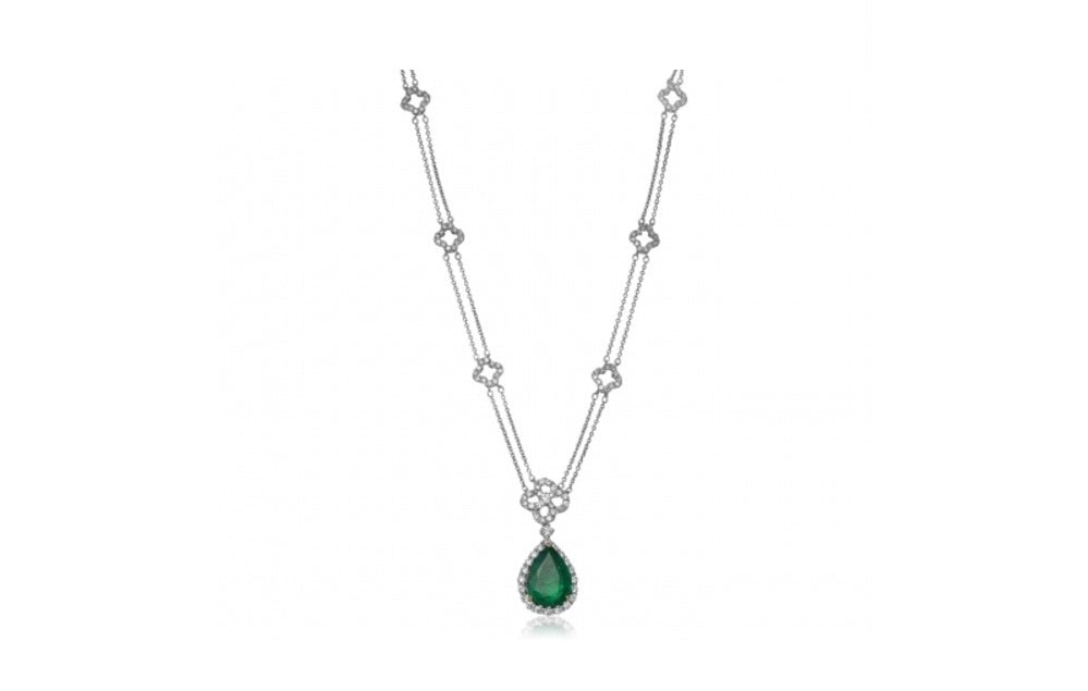 18k White Gold Natural Pear Emerald and Diamond Necklace