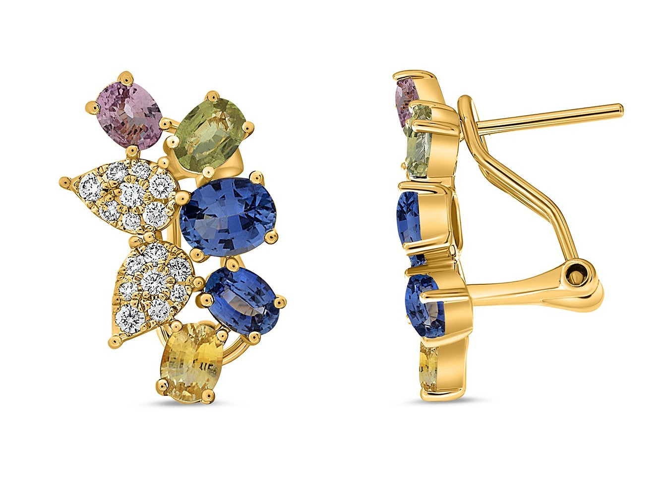 14k Yellow Gold Natural Multi-color Pear Sapphire and Diamond Omega Back Earrings