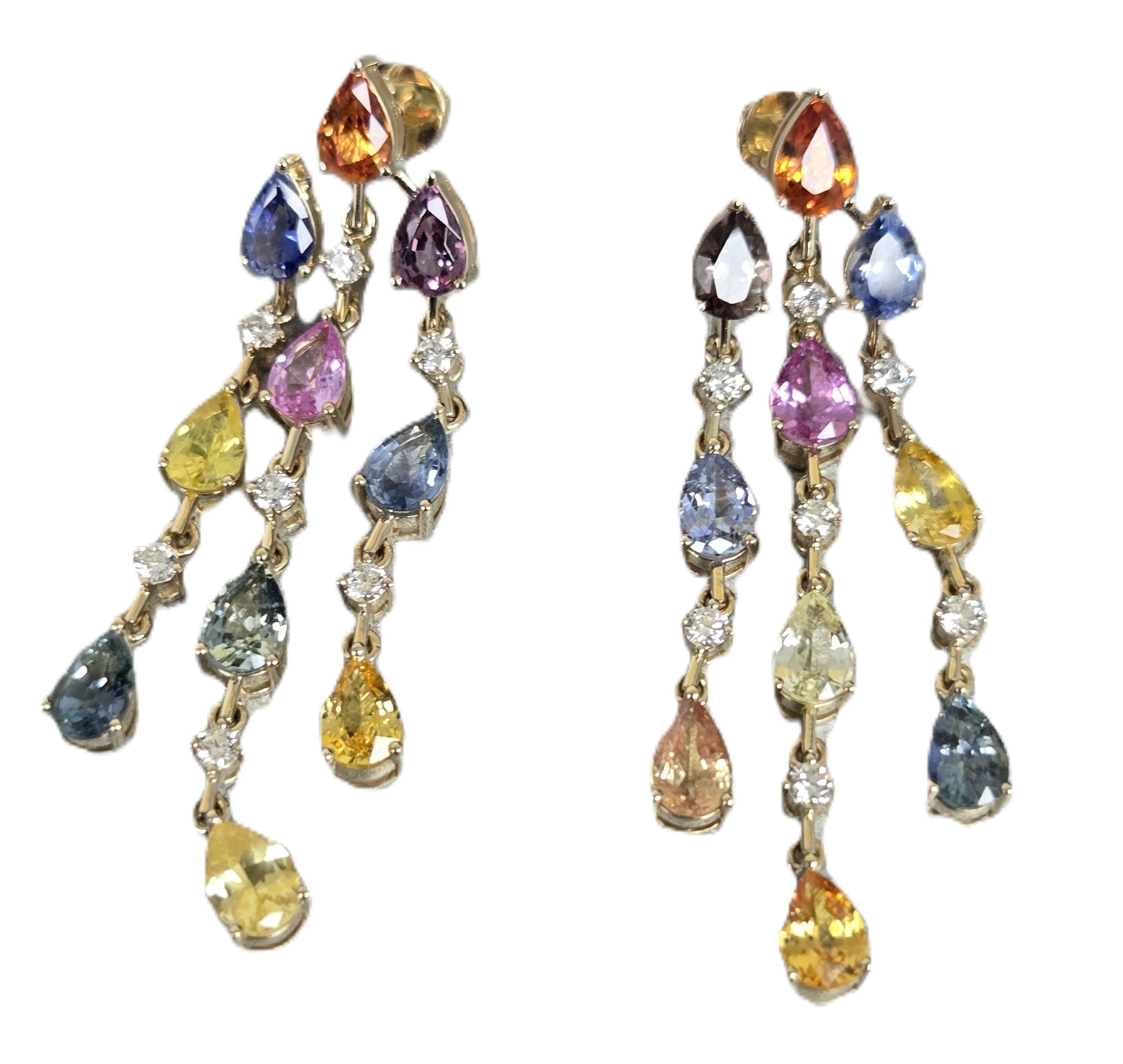 14k Yellow Gold Natural Multi-color Pear Sapphire and Diamond Dangle Earrings