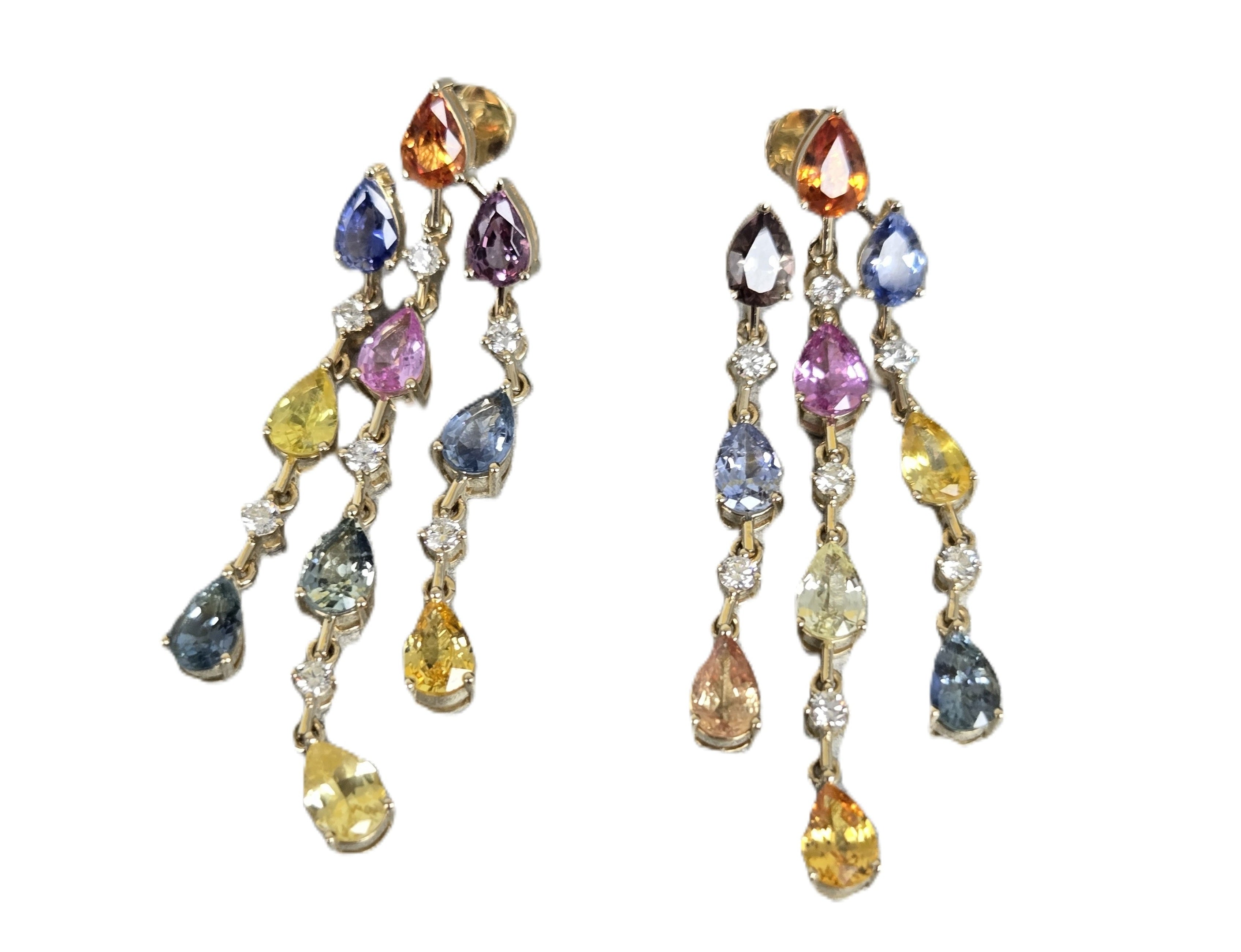 14k Yellow Gold Natural Multi-color Pear Sapphire and Diamond Dangle Earrings