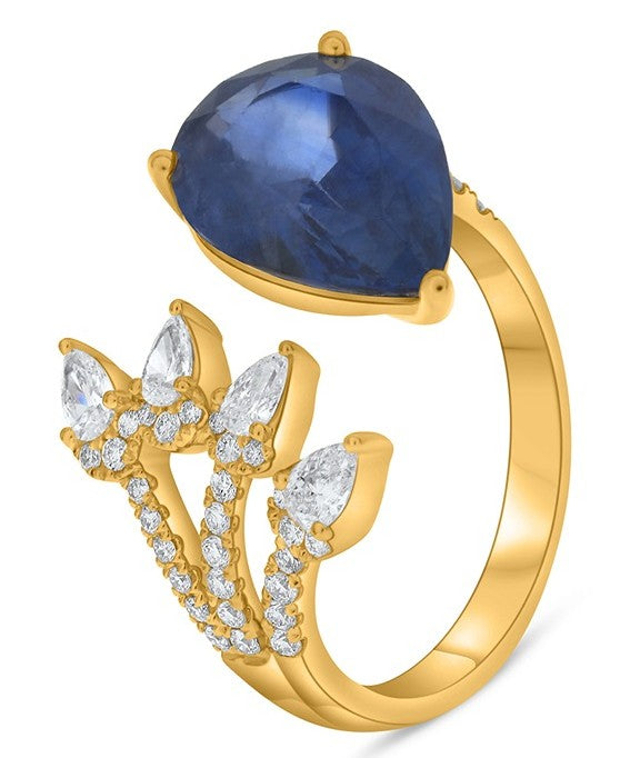 14k Yellow Gold Ring, GIA Pear Brilliant 6.27 carat Blue Natural Sapphire