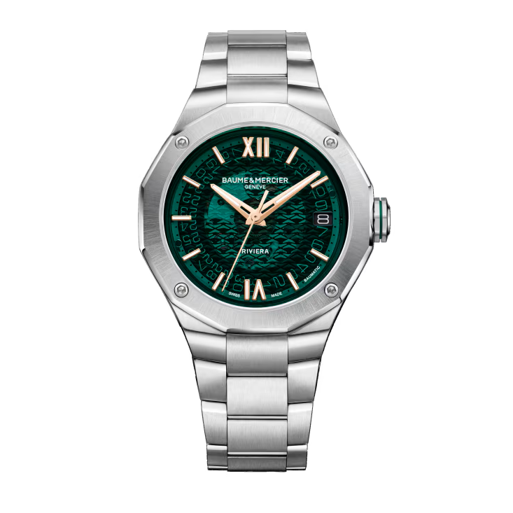 Riviera 10770 39mm Steel Case, Dodecagonal Steel Bezel, Exhibition Back, Automatic, Green Dial, Steel Bracelet