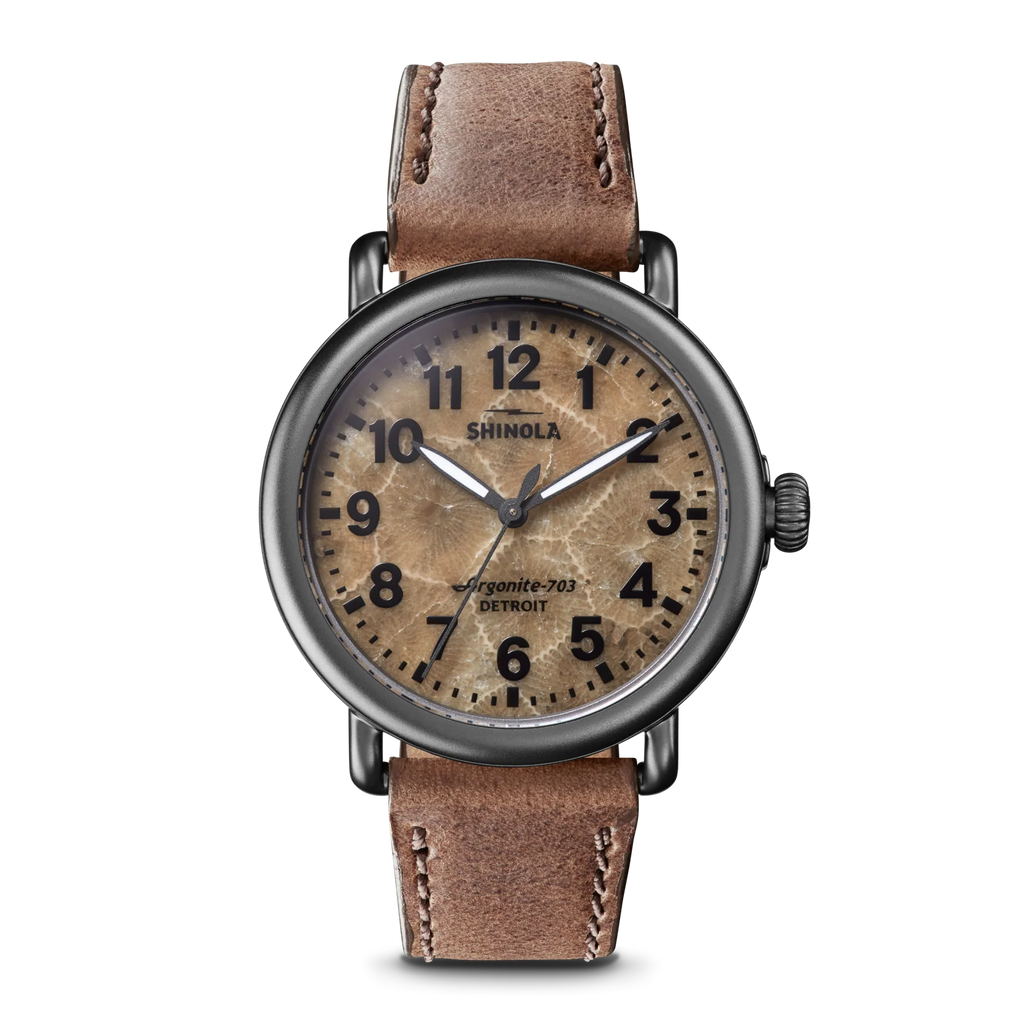 Shinola Runwell Argonite 703 quartz 41mm Petoskey Dial, Leather Strap
