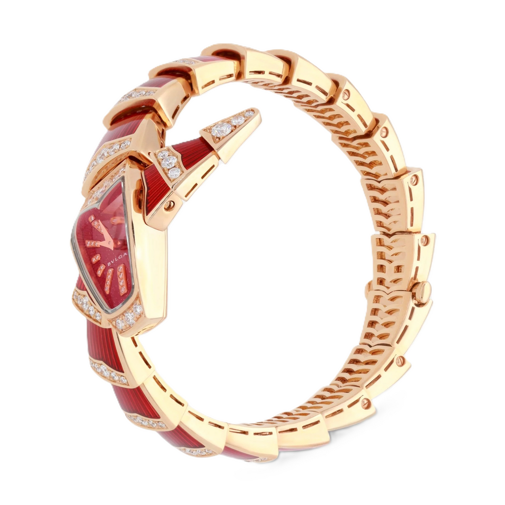 Bulgari Serpenti 18K Rose Gold Diamond Red Lacquer Quartz Ladies Watch