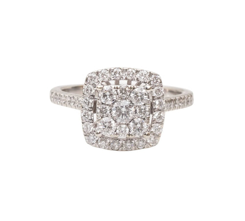 14k White Gold 1 carat Cluster Halo Diamond Ring with matching band - Shami Fine Watchmaking & Jewelry