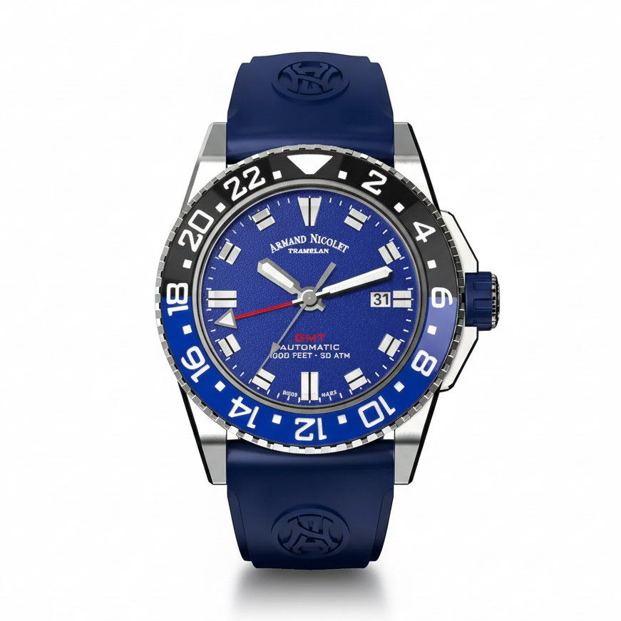 ARMAND NICOLET JS9-44, 44mm 316L Stainless Steel, Automatic, Ceramic Bezel, Blue Dial, Rubber Strap - Shami Fine Watchmaking & Jewelry