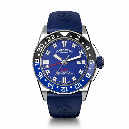 ARMAND NICOLET JS9-44, 44mm 316L Stainless Steel, Automatic, Ceramic Bezel, Blue Dial, Rubber Strap - Shami Fine Watchmaking & Jewelry