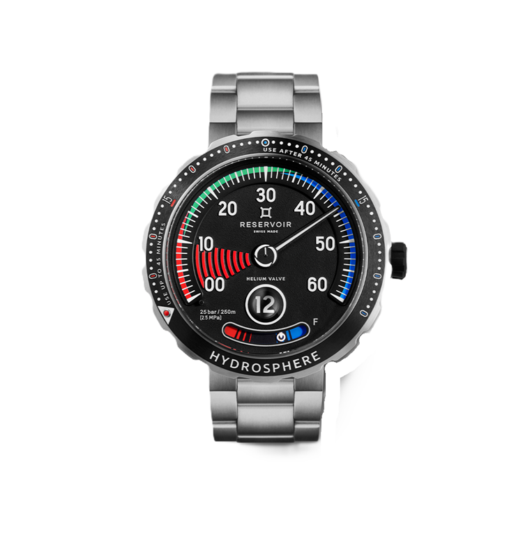 Reservoir Hydrosphere Blackfin, black dial with Arabic numerals. Stainless steel case and bracelet
